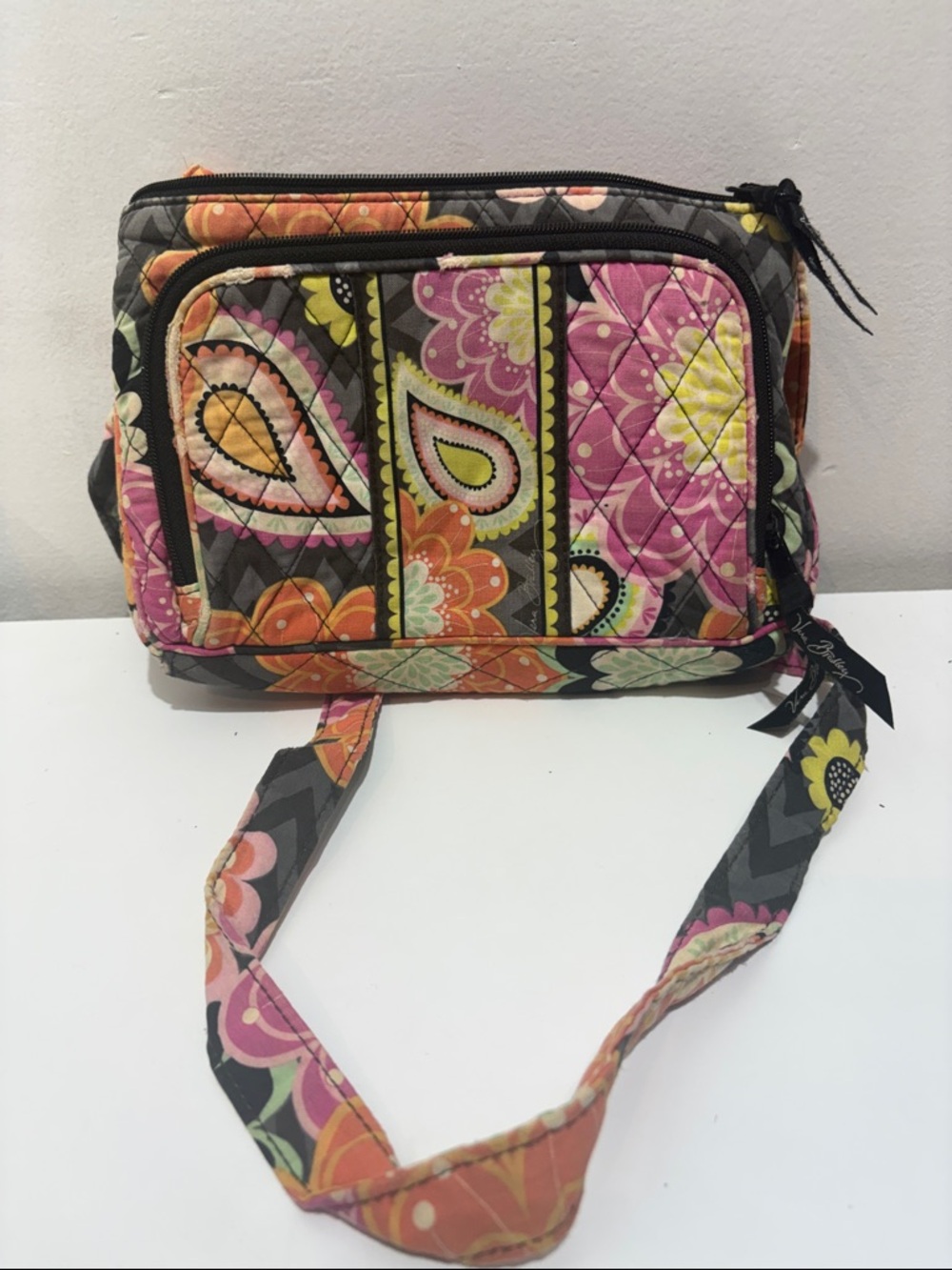 Vera Bradley Pink Orange Paisley Quilted Crossbody with Yellow Accents